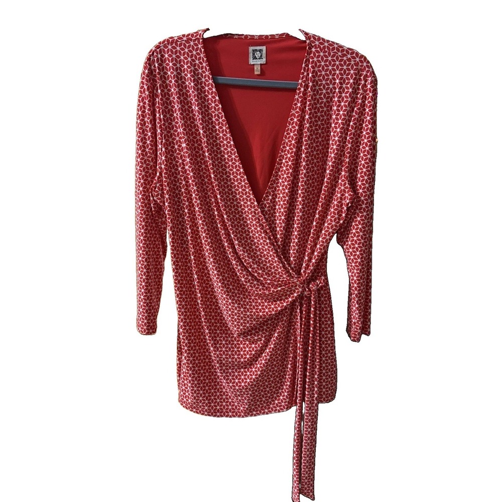 Anne Klein Faux Wrap Top XL Red Geometric Long Sleeve V-Neck Side Tie Surplice